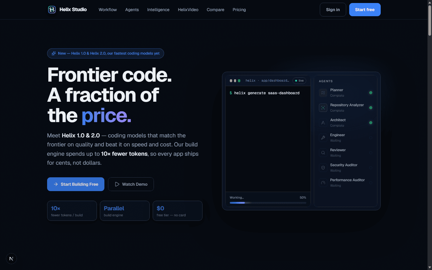 Helix Studio landing page showing the multi-agent pipeline running a build