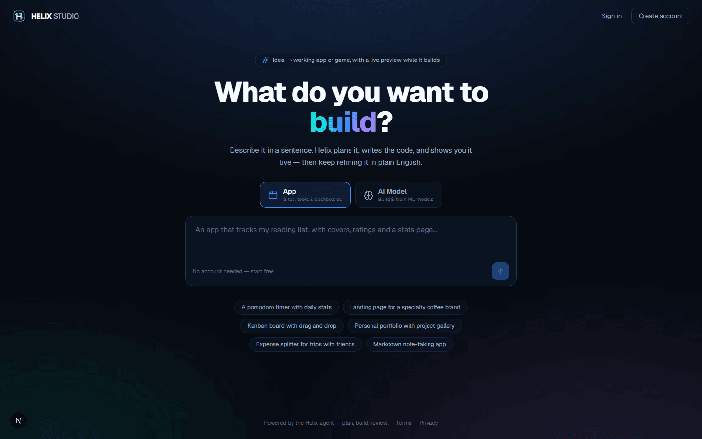 Helix Studio build entry screen asking what the user wants to build